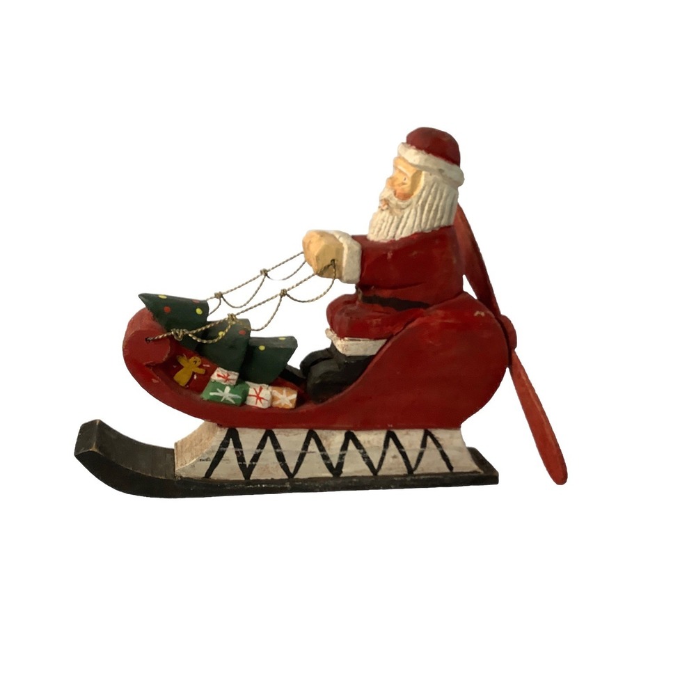 Wood Carved Folk Art Americana  Xmas Santa Sleigh Vtg Figurine With‎ Propeller